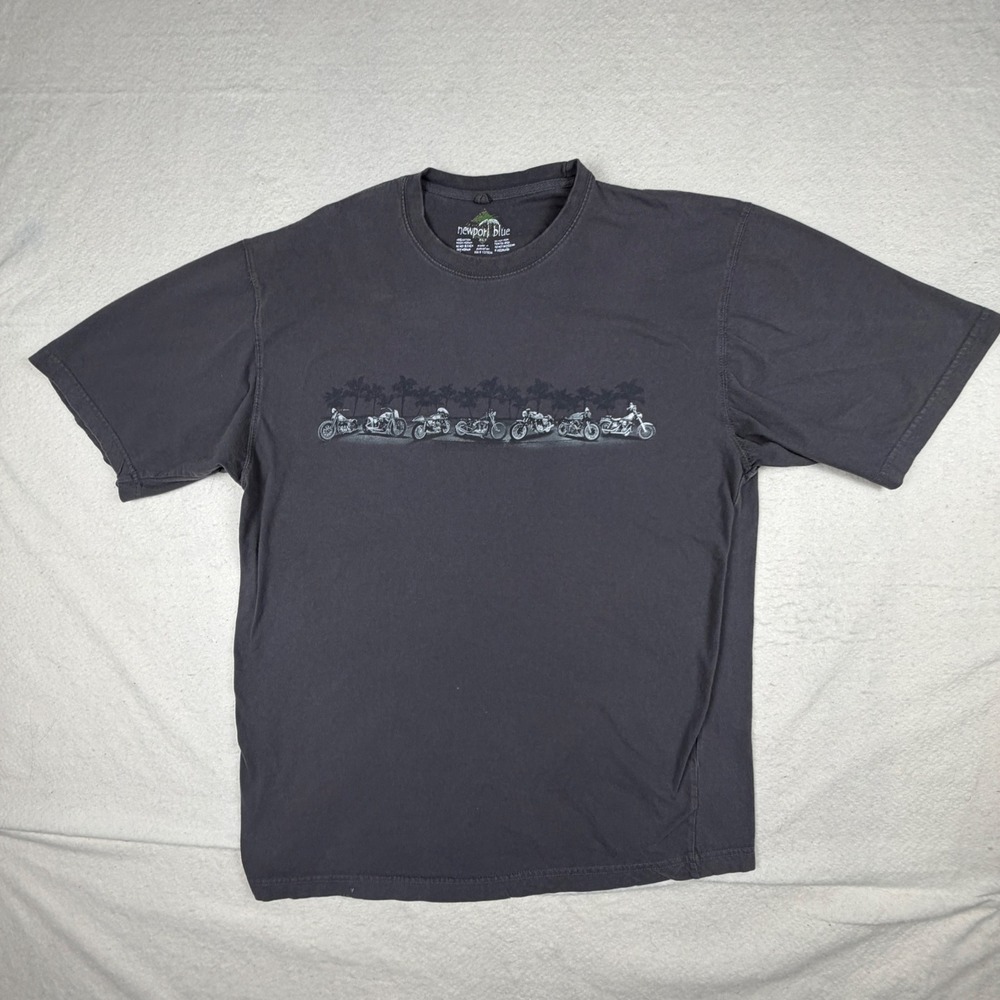 Newport Blue Mens XLT Motorcycle Palm Tree Graphic T-Shirt Faded Black Cotton